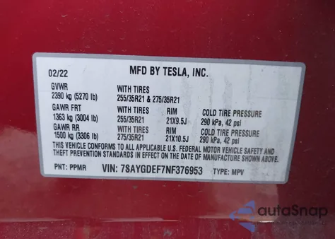 2022 Tesla Model Y Performance Dual Motor All-Wheel Drive z USA, uszkodzony, nr VIN 7SAYGDEF7NF376953